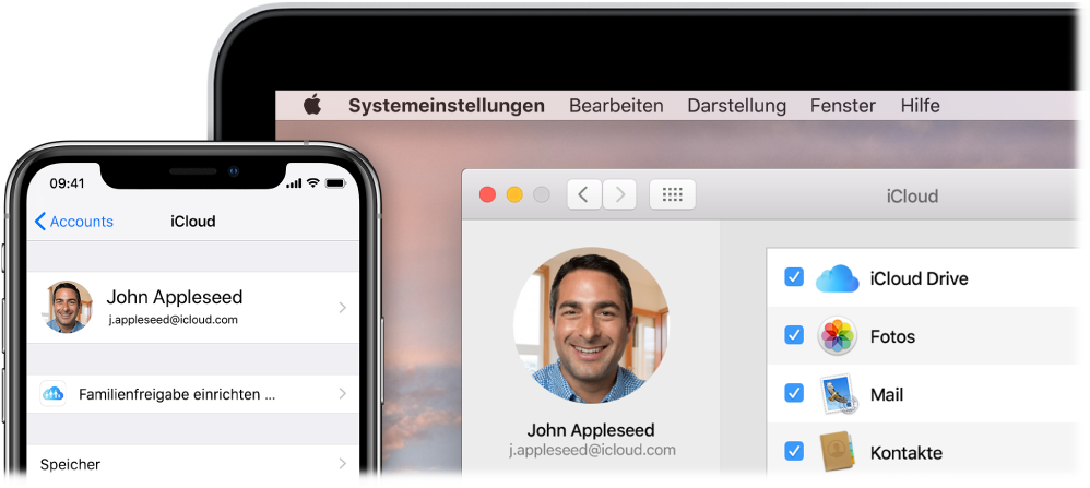 Ein iPhone, auf dem die iCloud-Einstellungen zu sehen sind, und ein Mac-Bildschirm mit dem iCloud-Fenster