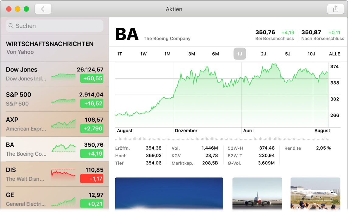 Das Aktien-Dashboard zeigt Marktpreise in einer Aktienliste mit zugehörigen Timelines und News.