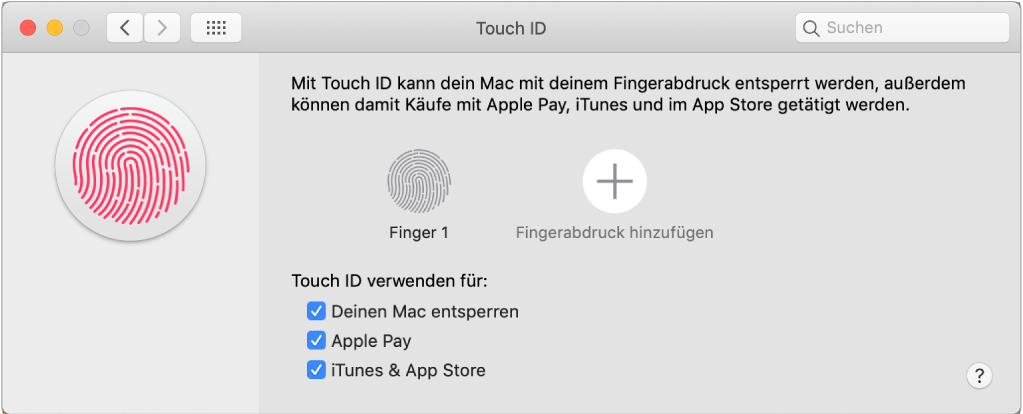 Das Fenster mit den Touch ID-Einstellungen mit Optionen zum Hinzufügen eines Fingerabdrucks sowie zum Verwenden von Touch ID zum Entsperren des Mac, zum Verwenden von Apple Pay sowie zum Tätigen von Käufen im iTunes Store, im App Store und auf Apple Books.