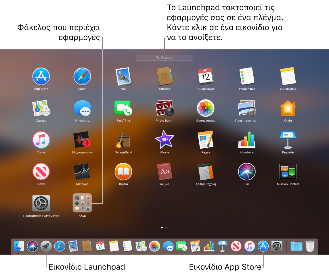 Η οθόνη του Mac με το Launchpad ανοιχτό, στην οποία φαίνεται ένας φάκελος εφαρμογών στο Launchpad και το εικονίδιο του Launchpad και το εικονίδιο του Mac App Store στο Dock.