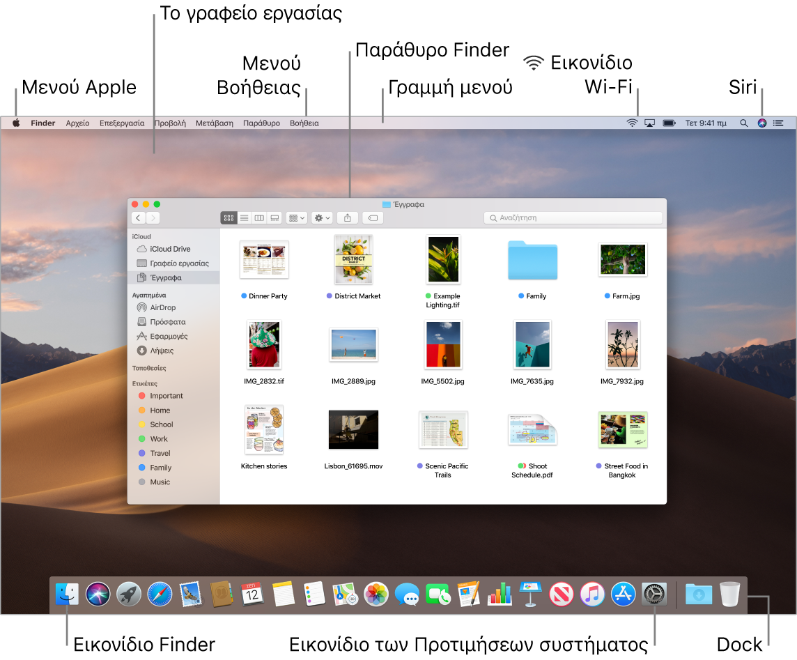 Η οθόνη του Mac όπου φαίνονται το μενού Apple, το γραφείο εργασίας, το μενού «Βοήθεια», ένα παράθυρο Finder, η γραμμή μενού, το εικονίδιο Wi-Fi, το εικονίδιο «Ερώτηση στο Siri», το εικονίδιο Finder, το εικονίδιο «Προτιμήσεις συστήματος» και το Dock.