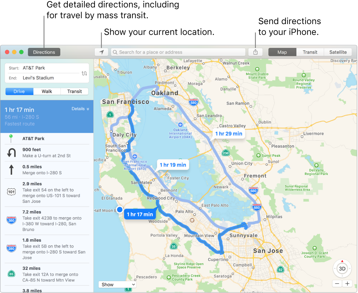 Maps window showing how to get directions by clicking Directions in the top left, and how to send directions to iPhone using the Share button.