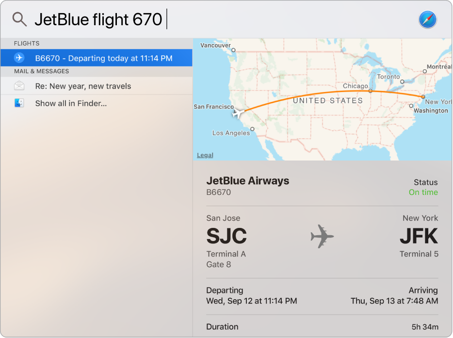 The Spotlight window showing a map and flight info for the flight that you searched for.