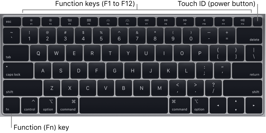 The MacBook Air keyboard showing the row of function keys, the Touch ID power button across the top, and the Function (Fn) key in the lower-left corner.