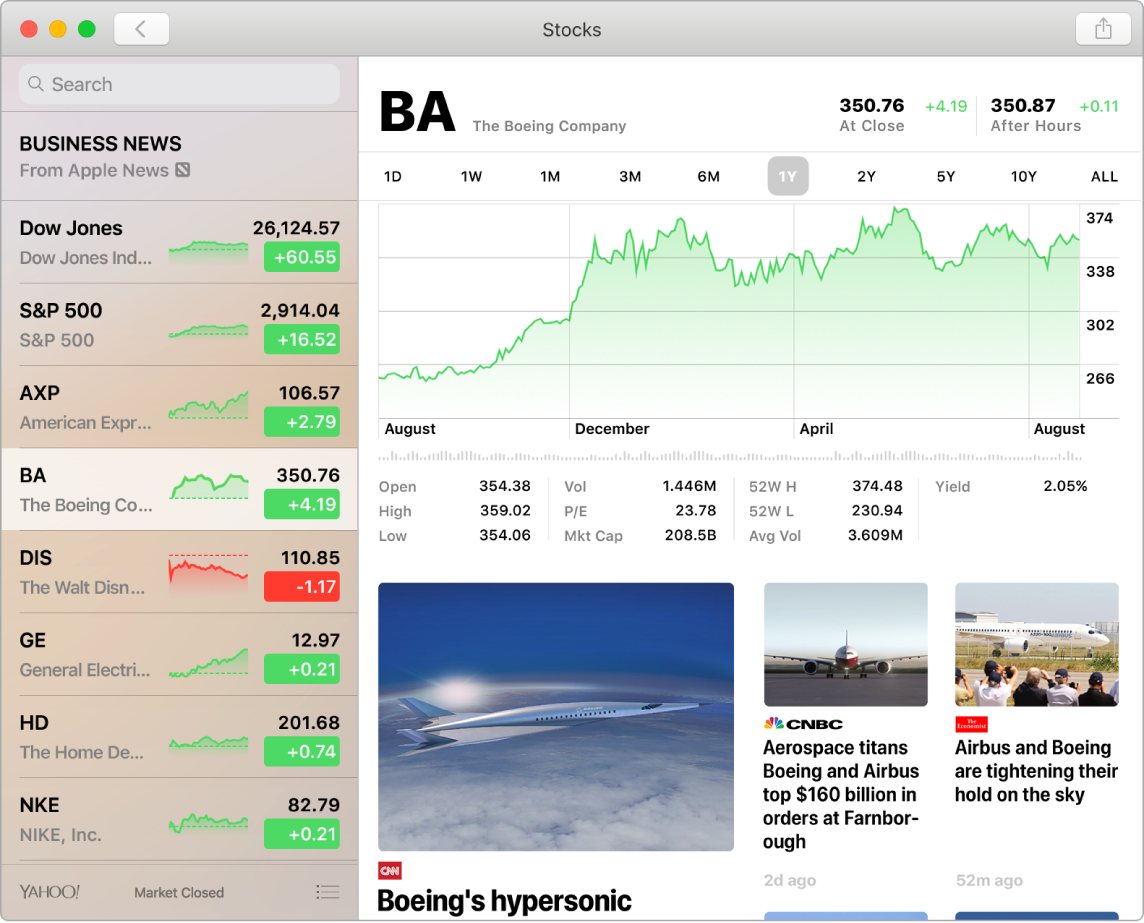 Stocks dashboard showing market prices in a watchlist with accompanying timelines and news.