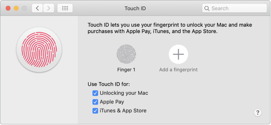 The Touch ID preferences window with options for adding a fingerprint and using Touch ID to unlock your Mac, use Apple Pay, and buy from the iTunes Store, App Store, and Apple Books.