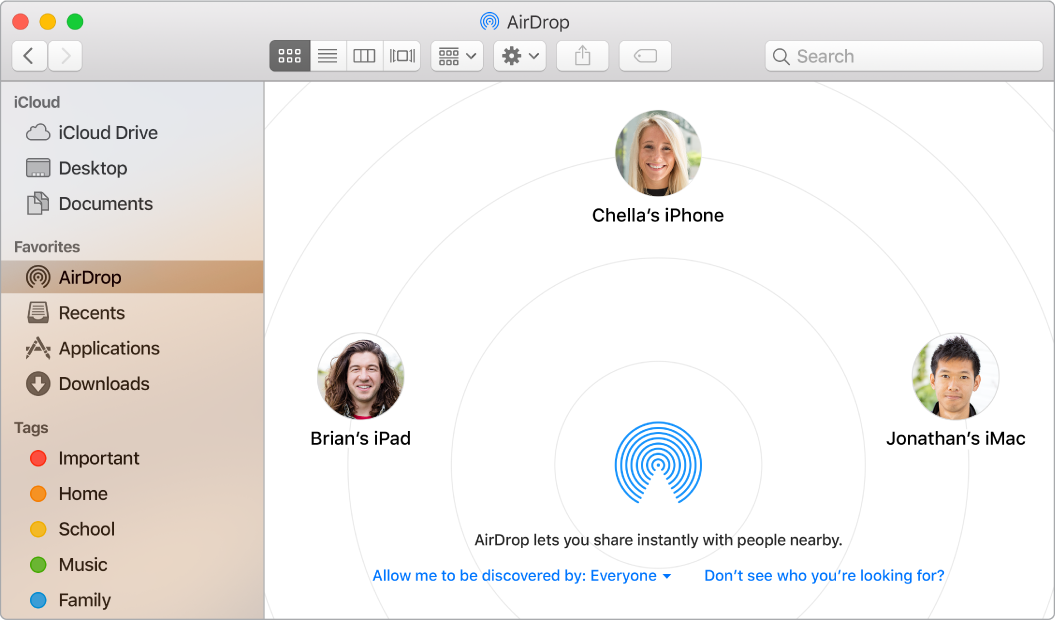 A Finder window with AirDrop selected in the Favorites section of the sidebar.