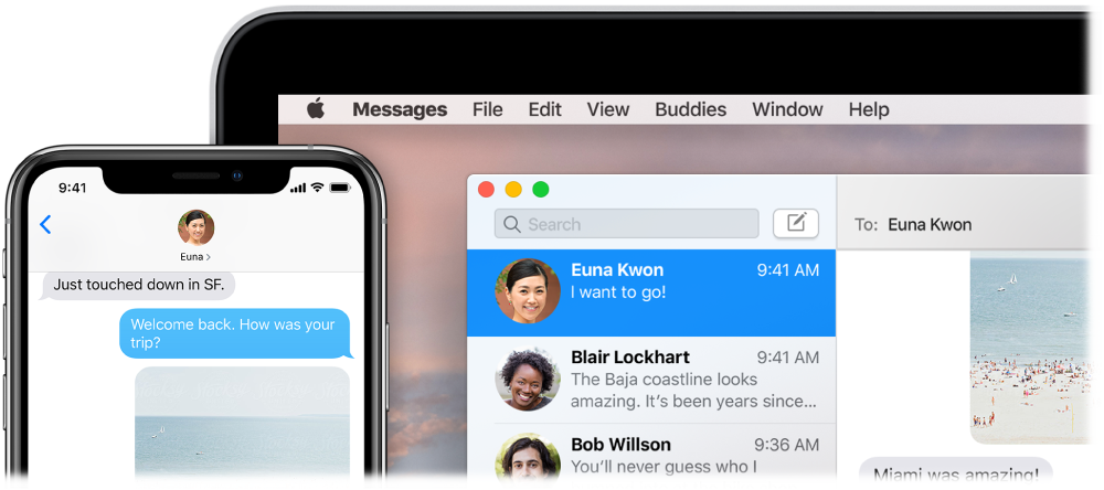 The Messages app open on a Mac, showing the same conversation in Messages on an iPhone.