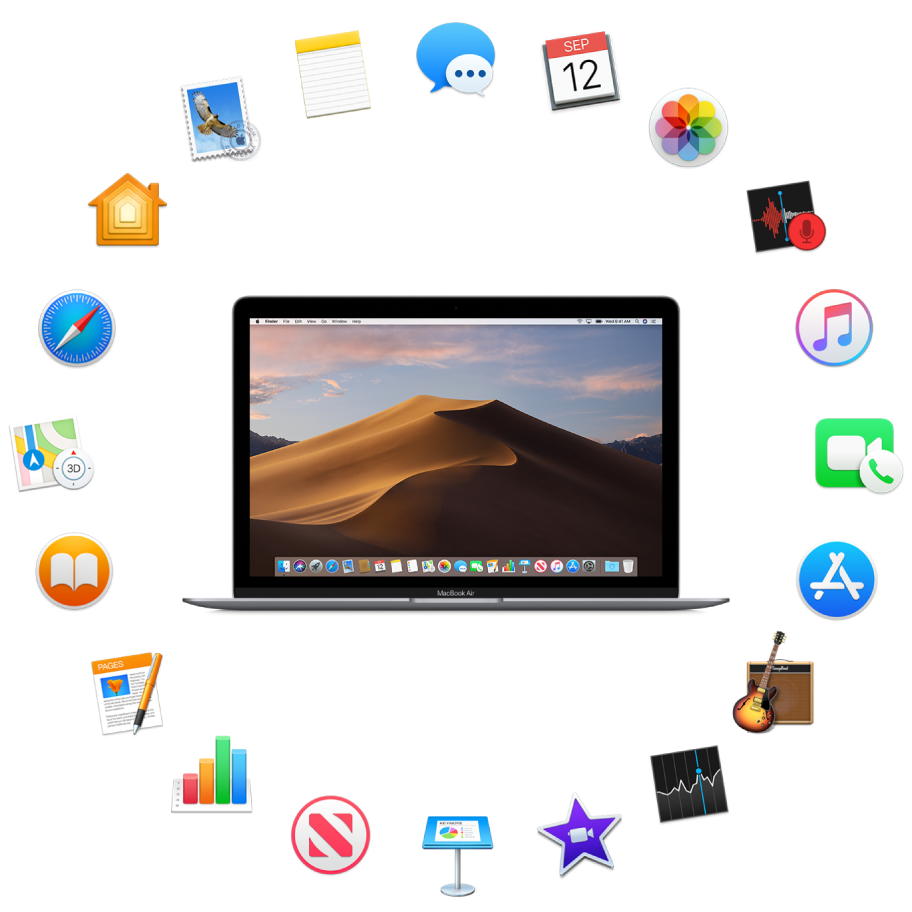 A MacBook Air surrounded by the icons for the built-in apps described in the following sections.