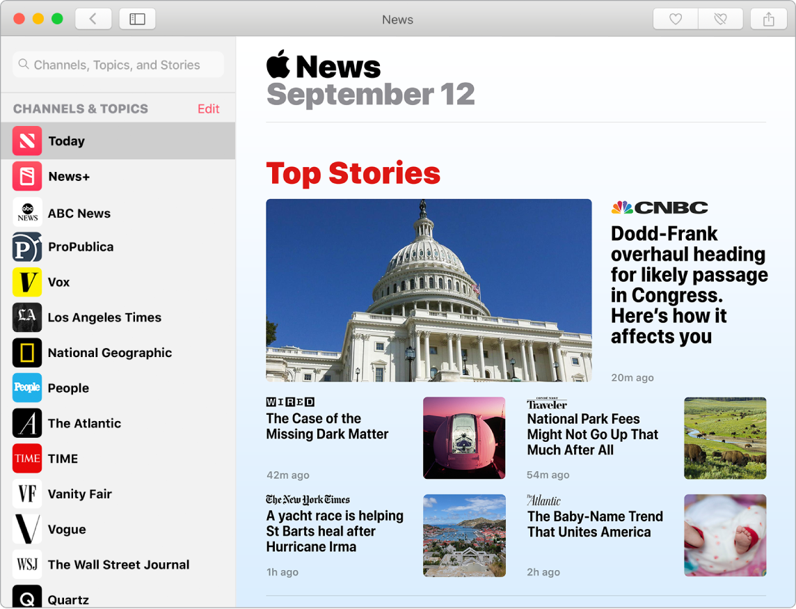 News dashboard showing the watchlist and the Top Stories view.