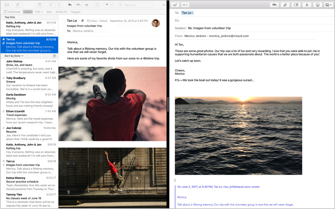 Mail window in split screen, showing two messages side by side.