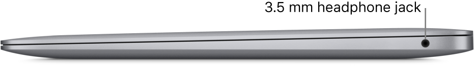 Right side view of a MacBook Pro with callouts to the two Thunderbolt 3 (USB-C) ports and the 3.5 mm headphone jack.