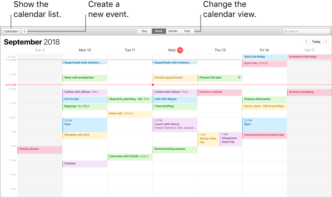 Calendar window showing how to create an event, show the calendar list, and choose Day, Week, Month, or Year view.