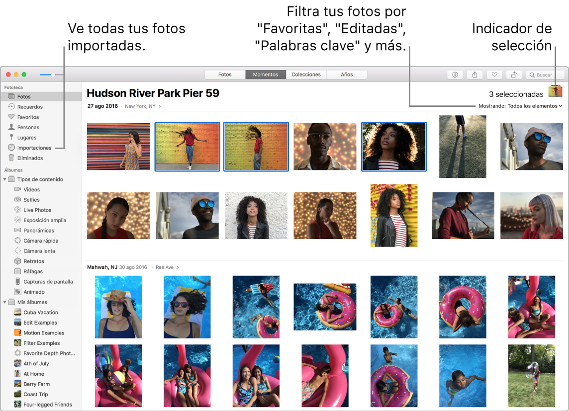 Ventana de Fotos con varias fotos seleccionadas, mostrando cómo filtrar las fotos de un álbum y cómo usar la barra lateral.