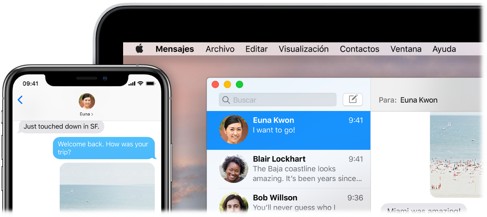 La app Mensajes abierta en una Mac mostrando la misma conversación en Mensajes en un iPhone.