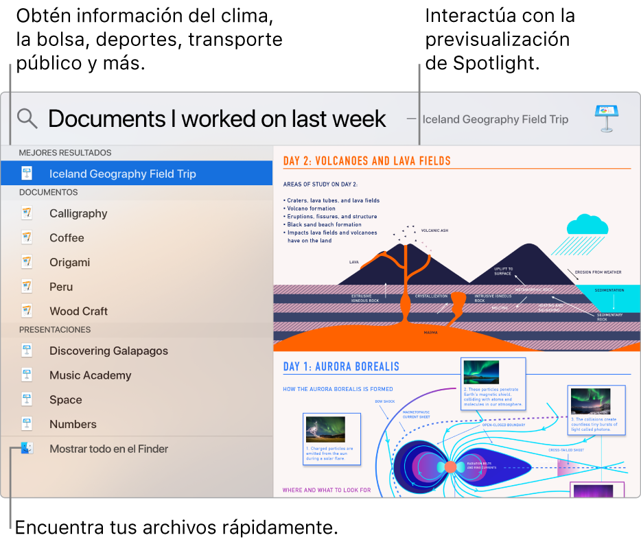 La ventana de Spotlight mostrando resultados de búsqueda a la izquierda y una vista previa a la derecha.