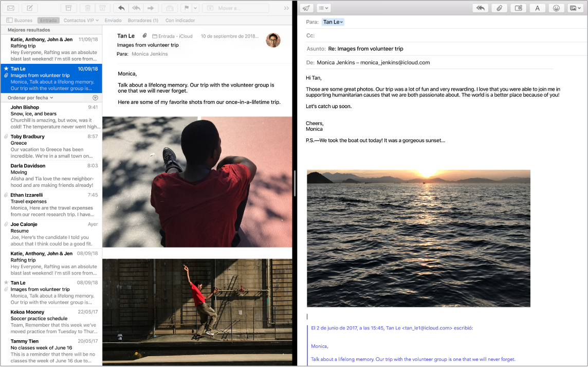 La ventana de Mail en vista de pantalla dividida mostrando dos mensajes lado a lado.