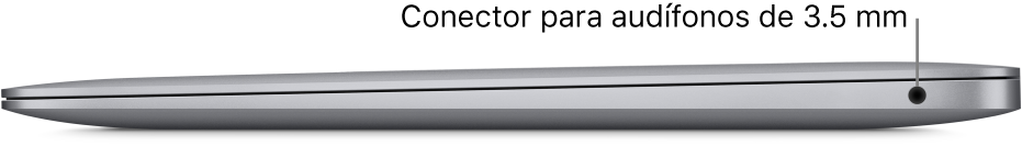 Vista lateral derecha de una MacBook Pro con textos que indican los dos puertos Thunderbolt 3 (USB-C) y la entrada para audífonos de 3.5 mm.