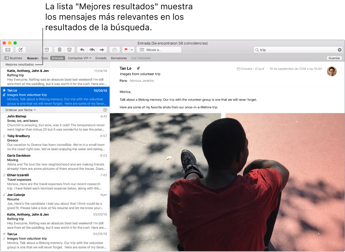 Ventana de Mail mostrando los resultados destacados al inicio de la lista, seguidos de otros resultados.