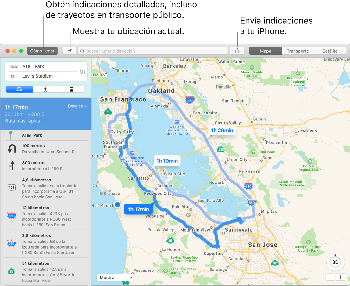 Ventana de Mapas mostrando cómo obtener indicaciones haciendo clic en Indicaciones en la parte superior izquierda; y cómo enviar indicaciones a un iPhone usando el botón Compartir.