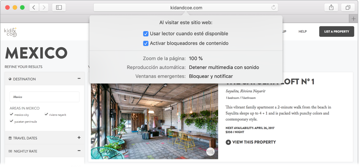 Ventana de Safari mostrando las preferencias del sitio web, incluyendo las opciones "Usar lector cuando esté disponible", "Activar bloqueadores de contenido", "Zoom de la página", "Reproducción automática", "Cámara", "Micrófono" y "Ubicación".