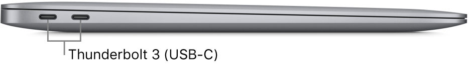 Vista del lado izquierdo de un MacBook Air con indicaciones sobre los puertos Thunderbolt 3 (USB-C).
