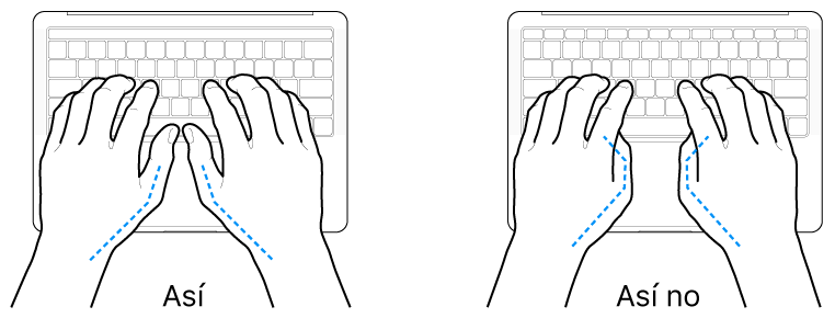 Manos colocadas sobre un teclado que muestran una posición correcta e incorrecta de los pulgares.