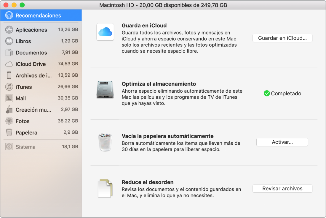 Las preferencias del panel Recomendaciones para almacenamiento, que muestra las opciones “Guardar en iCloud”, “Optimizar el almacenamiento”, “Borrar la papelera automáticamente” y “Reducir el desorden”.