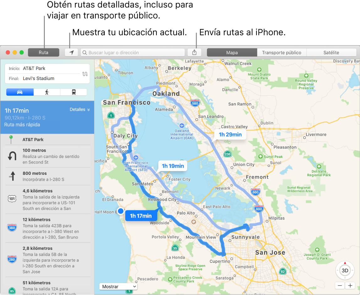 Ventana de Mapas donde se muestra cómo obtener indicaciones de direcciones haciendo clic en Ruta (en la parte superior izquierda) y cómo enviar la ruta al iPhone mediante el botón Compartir.