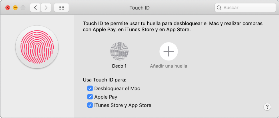 La ventana de preferencias de Touch ID con opciones para añadir una huella digital y utilizar Touch ID para desbloquear el Mac, utilizar Apple Pay y comprar en iTunes Store, App Store y la tienda de la app Libros.