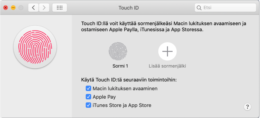 Touch ID -asetusten ikkuna, jossa on valinnat sormenjäljen lisäämiselle ja Touch ID:n käyttämiselle Macin avaamiseen, Apple Payn käyttämiseen ja ostosten tekemiseen iTunes Storessa, App Storessa ja Apple Booksissa.