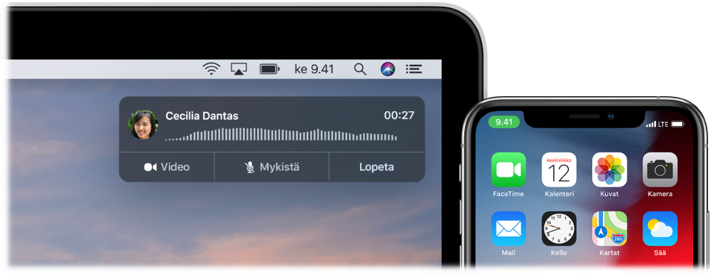 Mac näyttö, jonka oikeassa yläkulmassa näkyy puhelusta ilmoittava ikkuna, ja iPhone, jossa näkyy, että puhelu on käynnissä MacBookin kautta.