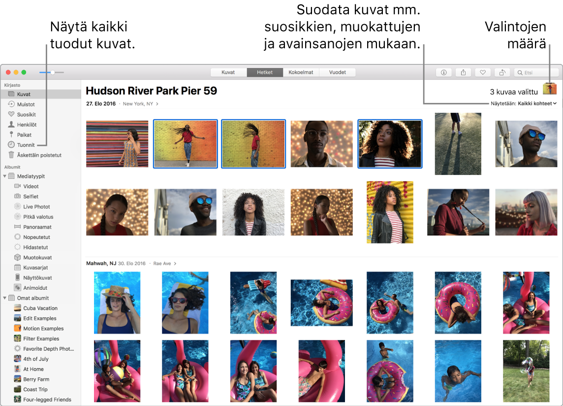 Kuvat-ikkuna, jossa näytetään useita kuvia valittuna, albumissa olevien kuvien suodattaminen ja sivupalkin käyttäminen.