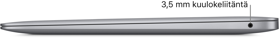 MacBook Pro oikealta, selitteet kahteen Thunderbolt 3 (USB-C) -porttiin ja 3,5 mm:n kuulokeliitäntään.