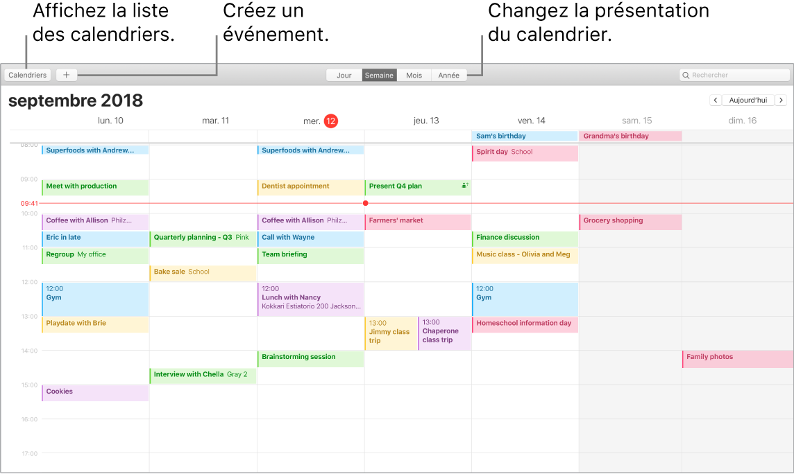 Fenêtre de Calendrier indiquant comment créer un événement, obtenir la liste des événements et choisir une présentation par jour, par semaine, par mois ou par année.
