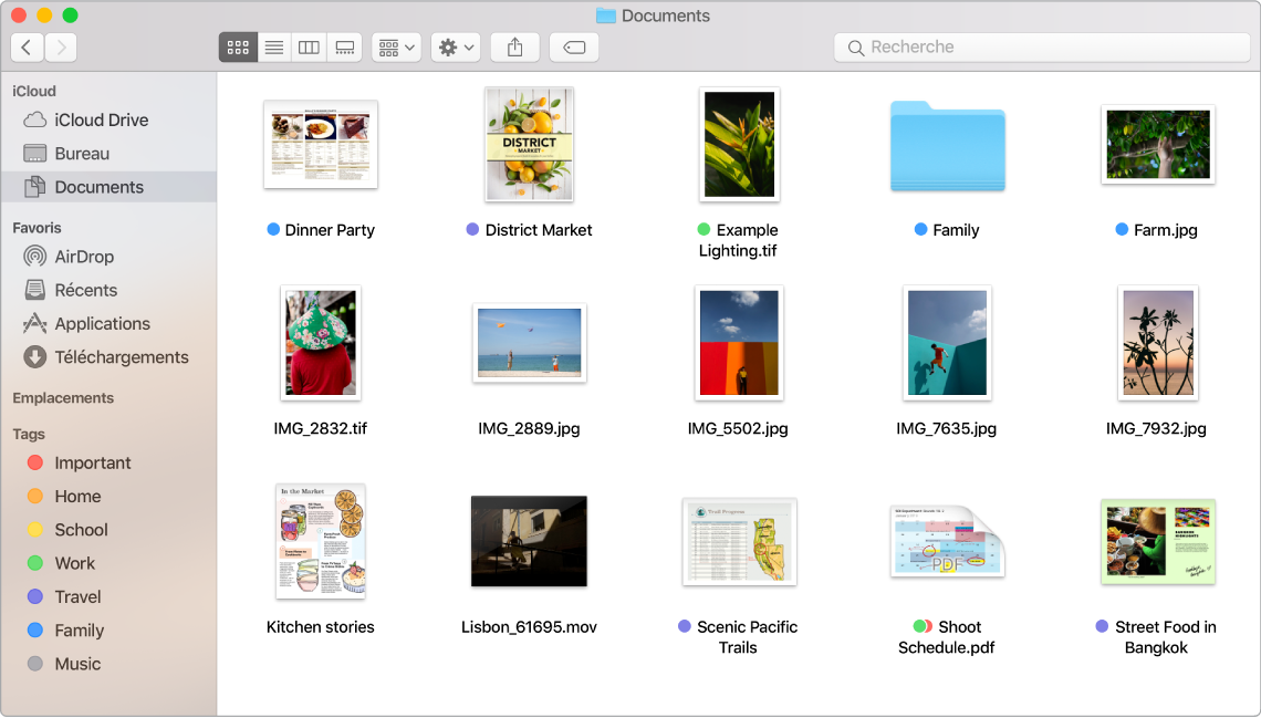 Fenêtre du Finder ouverte, affichant les fichiers et les dossiers sous forme d’icônes.
