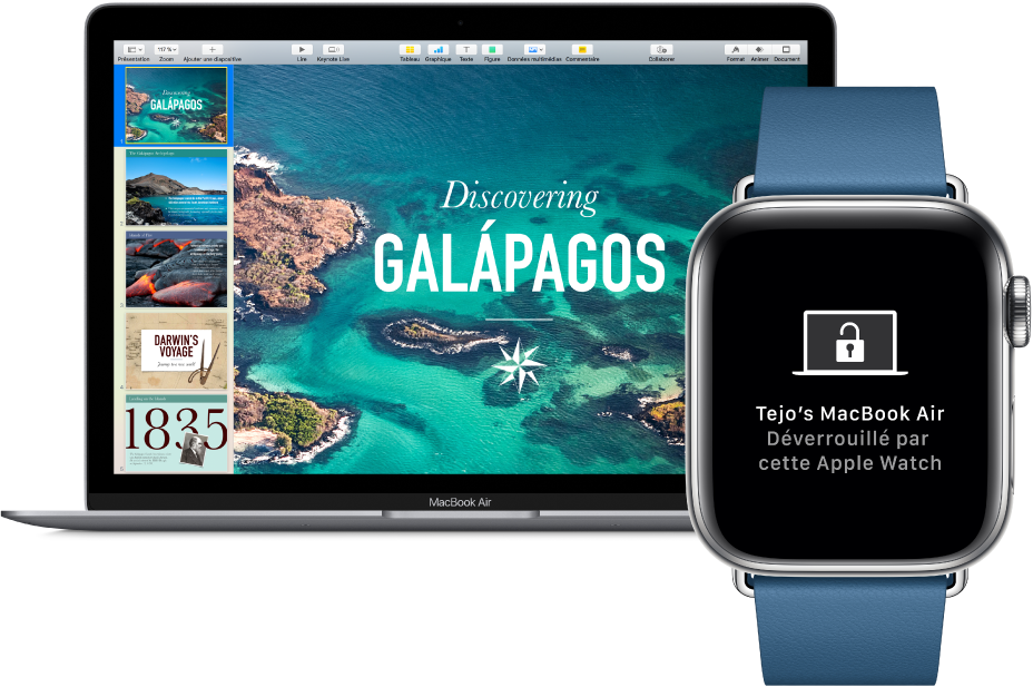 Représentation d’une Apple Watch avec un MacBook Air, affichant un message expliquant que le Mac a été déverrouillé par l’Apple Watch.