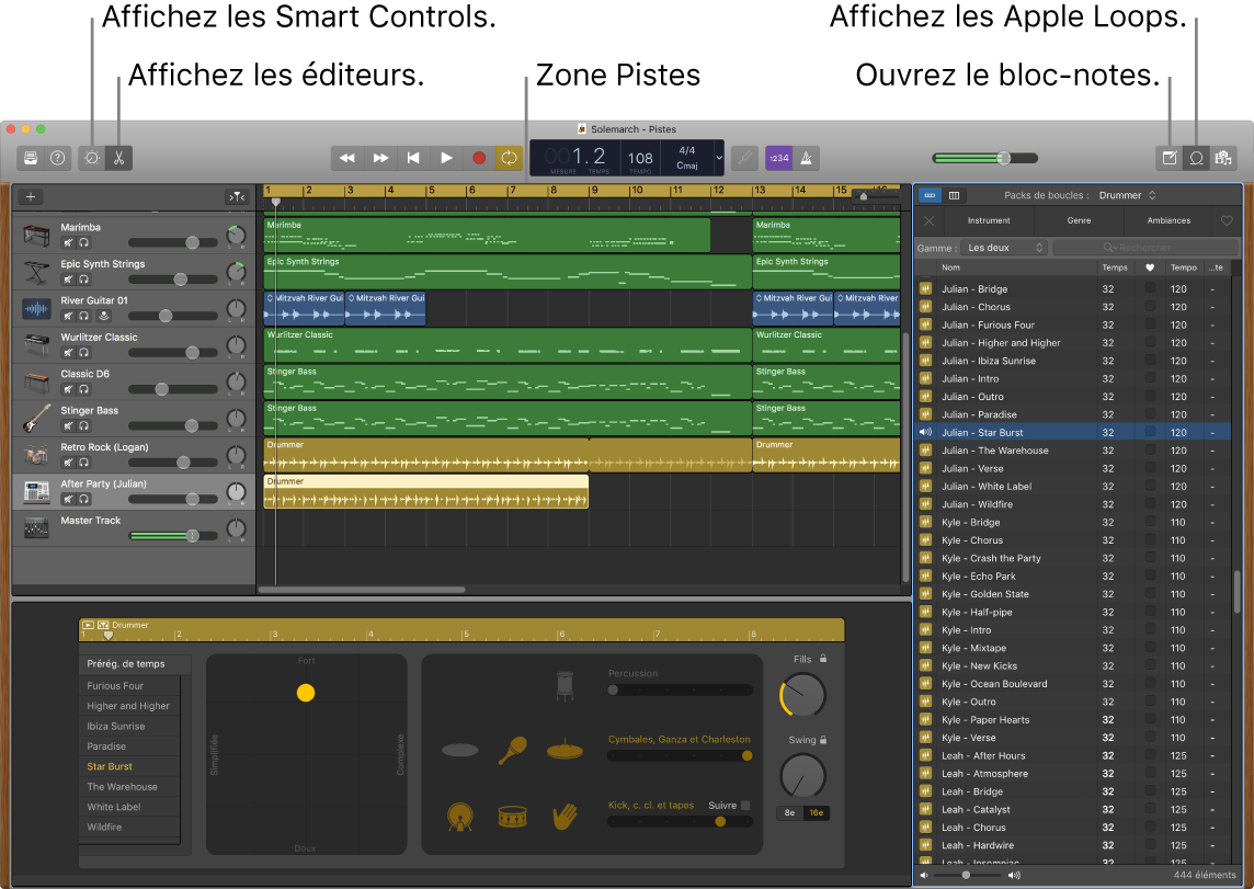 Fenêtre de GarageBand affichant les boutons pour accéder aux Smart Controls, aux éditeurs, aux notes et aux boucles Apple Loops. Elle présente également l’affichage des pistes.