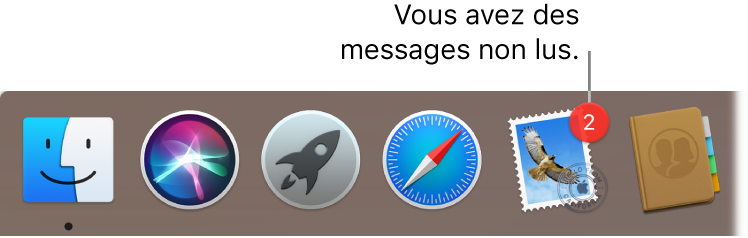 Section du Dock reprenant l’icône de l’app Mail et un médaillon, indiquant les messages non lus.