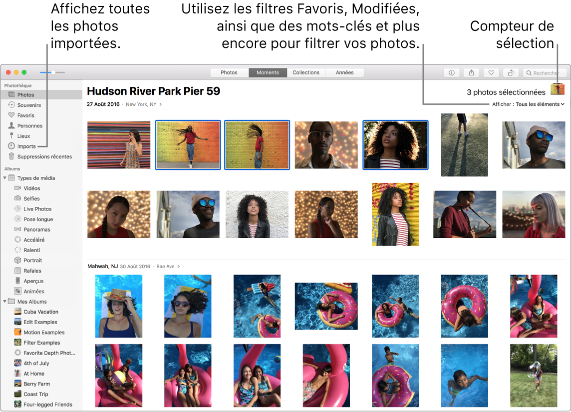 Fenêtre Photos montrant plusieurs photos sélectionnées, comment filtrer les photos dans votre album et comment utiliser la barre latérale.