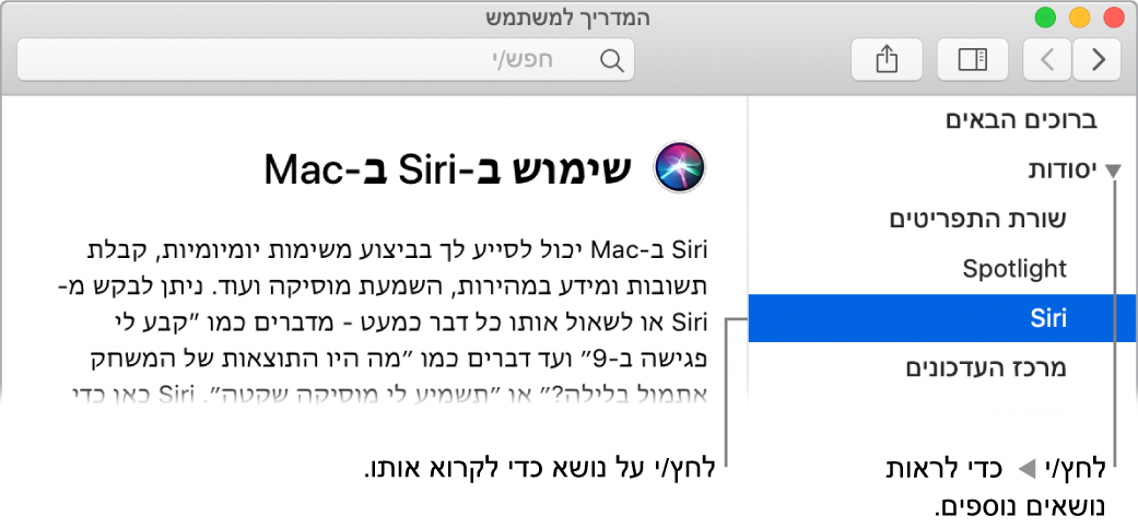מציג העזרה המראה כיצד לצפות בנושאים המופיעים בסרגל הצד וכיצד להציג את התוכן של נושא.