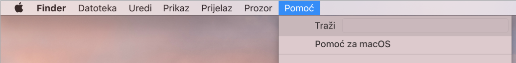 Dio radne površine s otvorenim izbornikom Pomoć, prikazuje opcije izbornika Pretraži i Pomoć za macOS.
