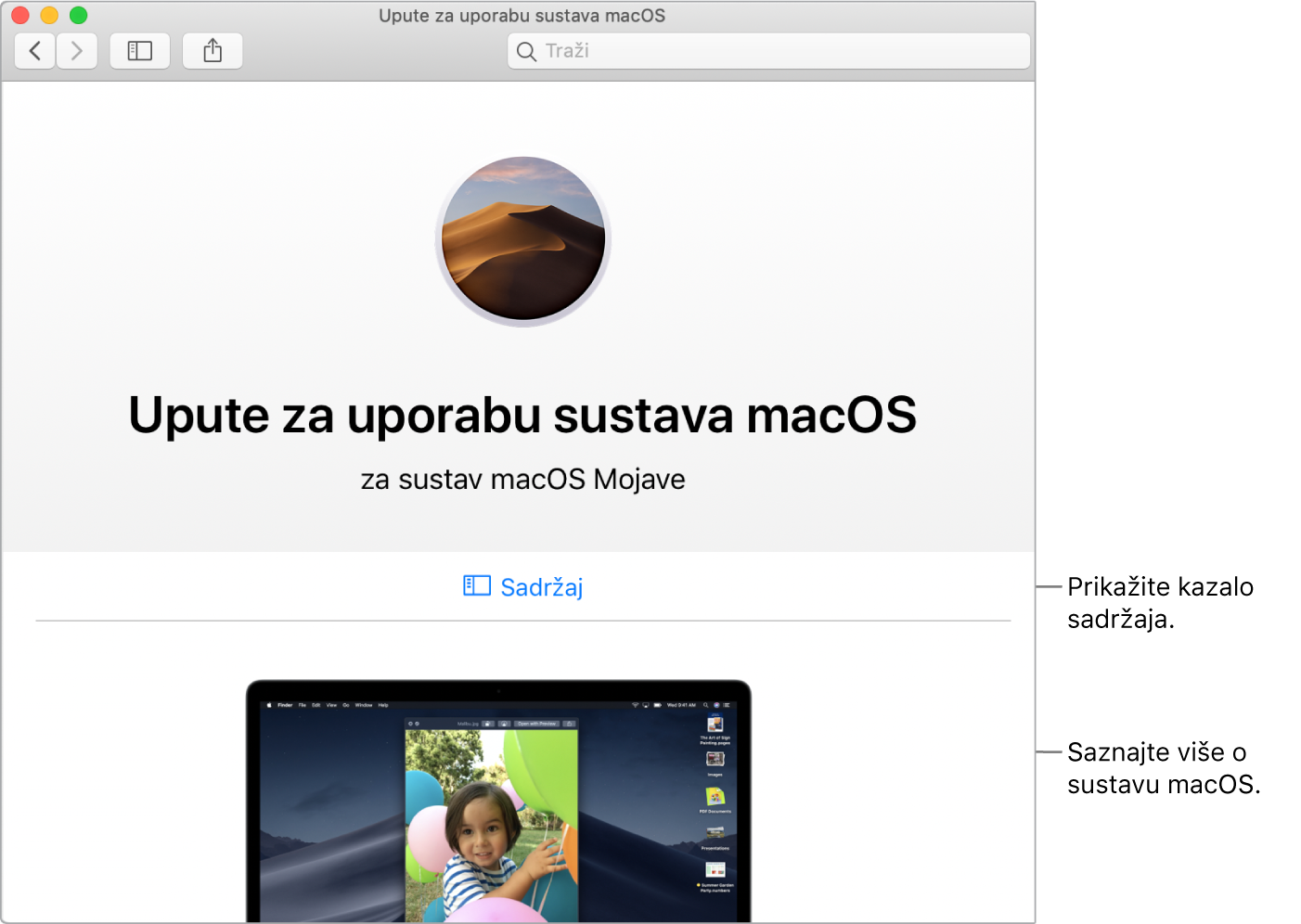 Stranica dobrodošlice za Upute za uporabu za macOS koja prikazuje link za Sadržaj.