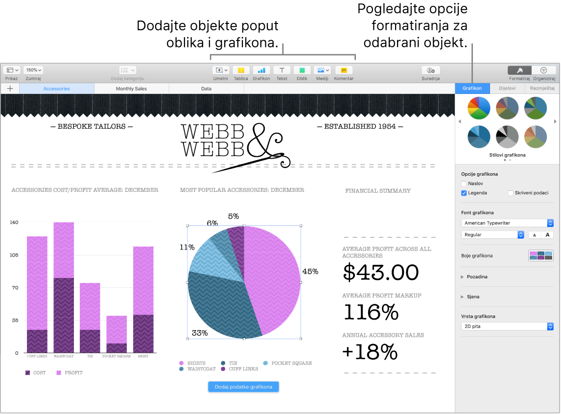 Prozor aplikacije Numbers s balončićima za kategorije stavki koje se mogu dodati i za opcije formatiranja stavki.