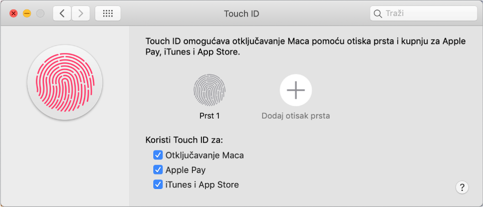 Prozor s postavkama za Touch ID s opcijama dodavanja otiska prsta i uporabe značajke Touch ID za otključavanje Mac računala, uporabu opcije Apple Pay i kupnju u trgovinama iTunes Store, App Store i Apple Books.