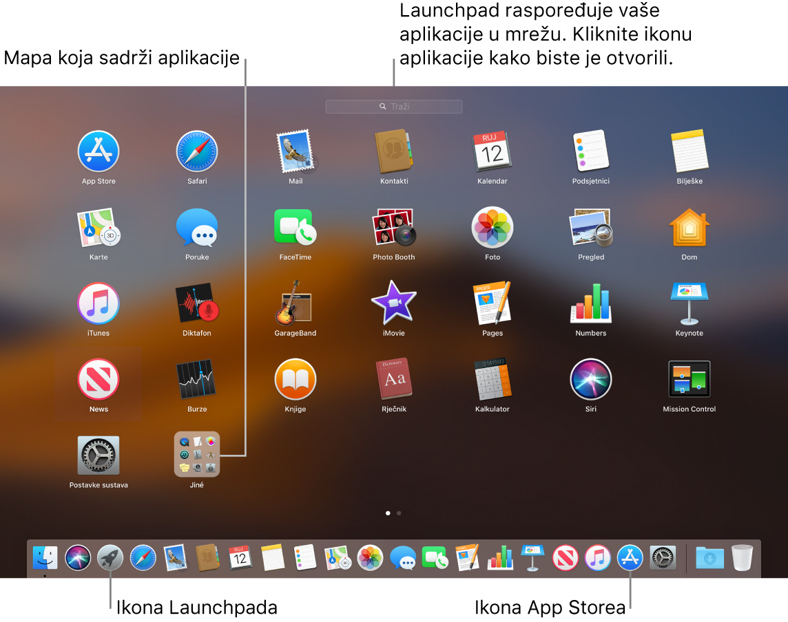 Zaslon MacBooka s otvorenom aplikacijom Launchpad prikazuje mapu aplikacija unutar Launchpada i ikonu Launchpada te ikonu trgovine Mac App Store u Docku.