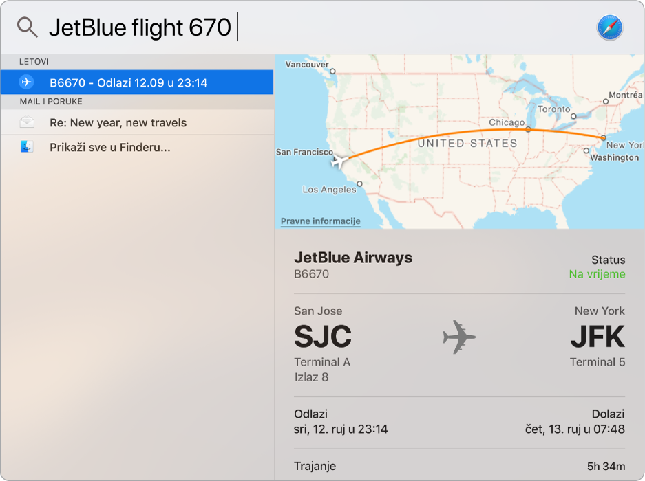 Prozor aplikacije Spotlight prikazuje kartu i informacije o letu koje ste tražili.