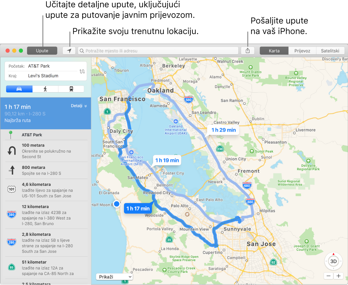 Prozor Mape prikazuje kako doći do uputa klikom na Upute u gornjem lijevom kutu te kako poslati upute na iPhone pomoću tipke Dijeli.