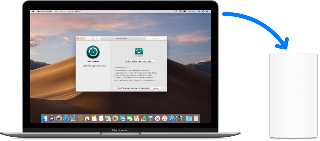 MacBook Air zaslon koji prikazuje Time Machine prozor sigurnosne kopije. MacBook Air je bežično povezan s AirPort Time Capsule uređajem.