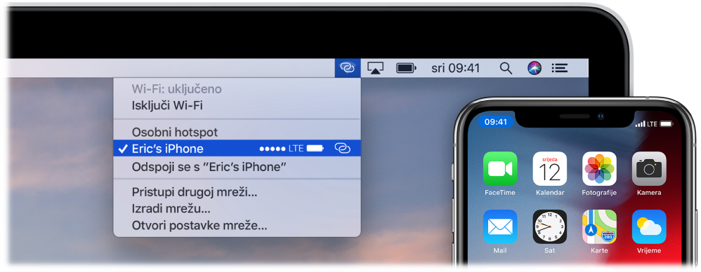 Zaslon Maca s izbornikom Wi-Fi prikazuje Osobni hotspot spojen na iPhone.